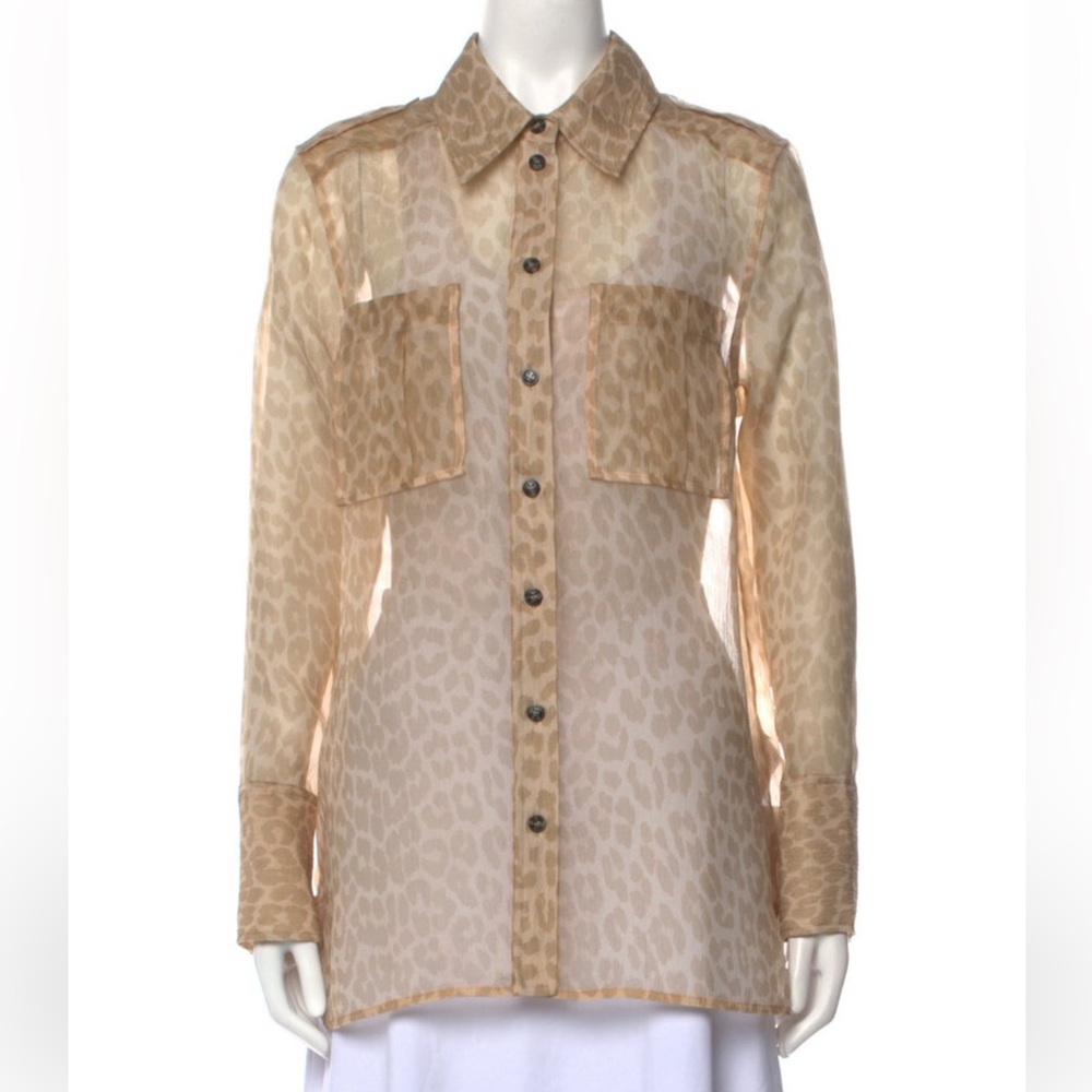 Ganni Organza Leopard Print Sheer Button-Up Blouse